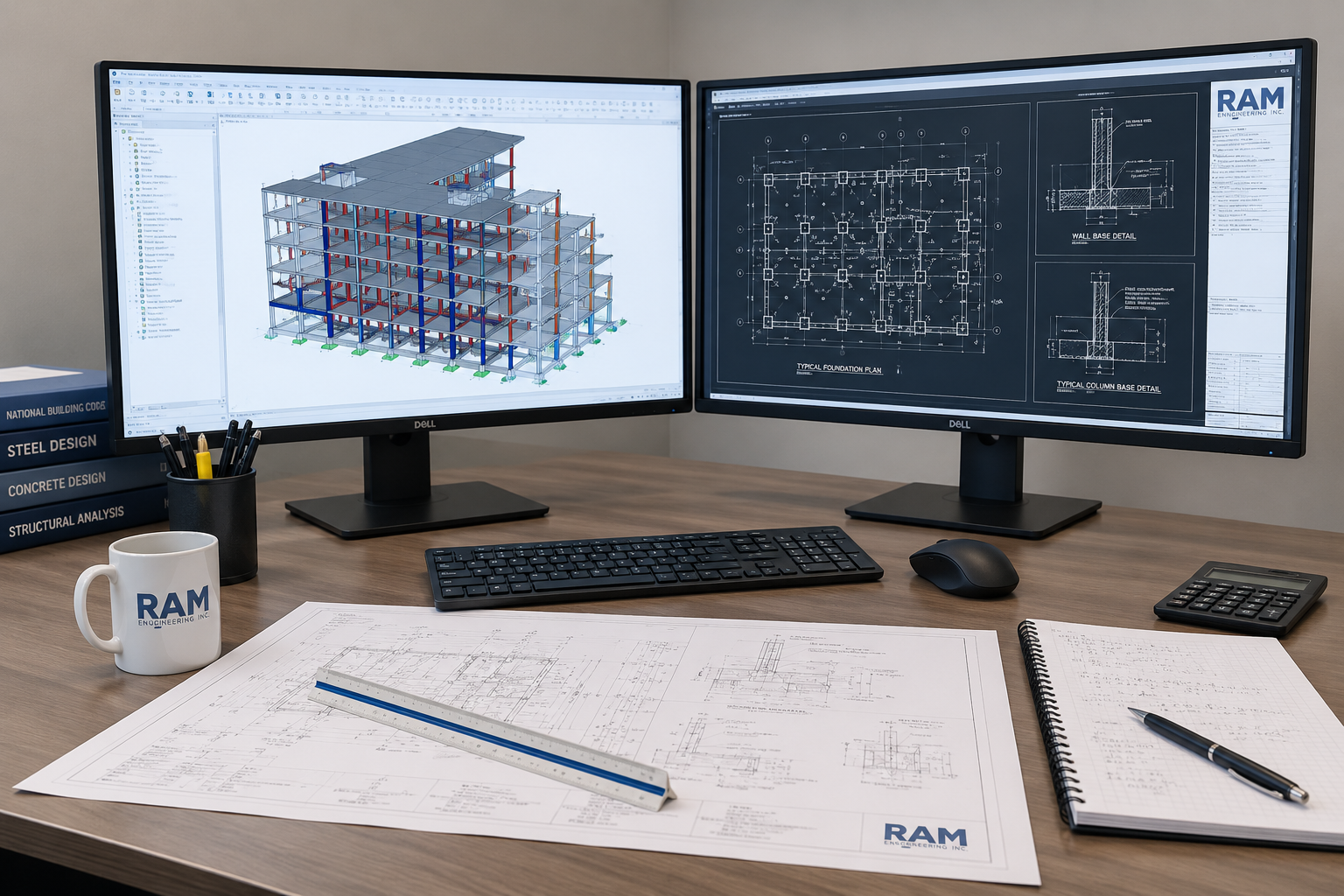 RAM engineering workstation with structural model, drawings and design details