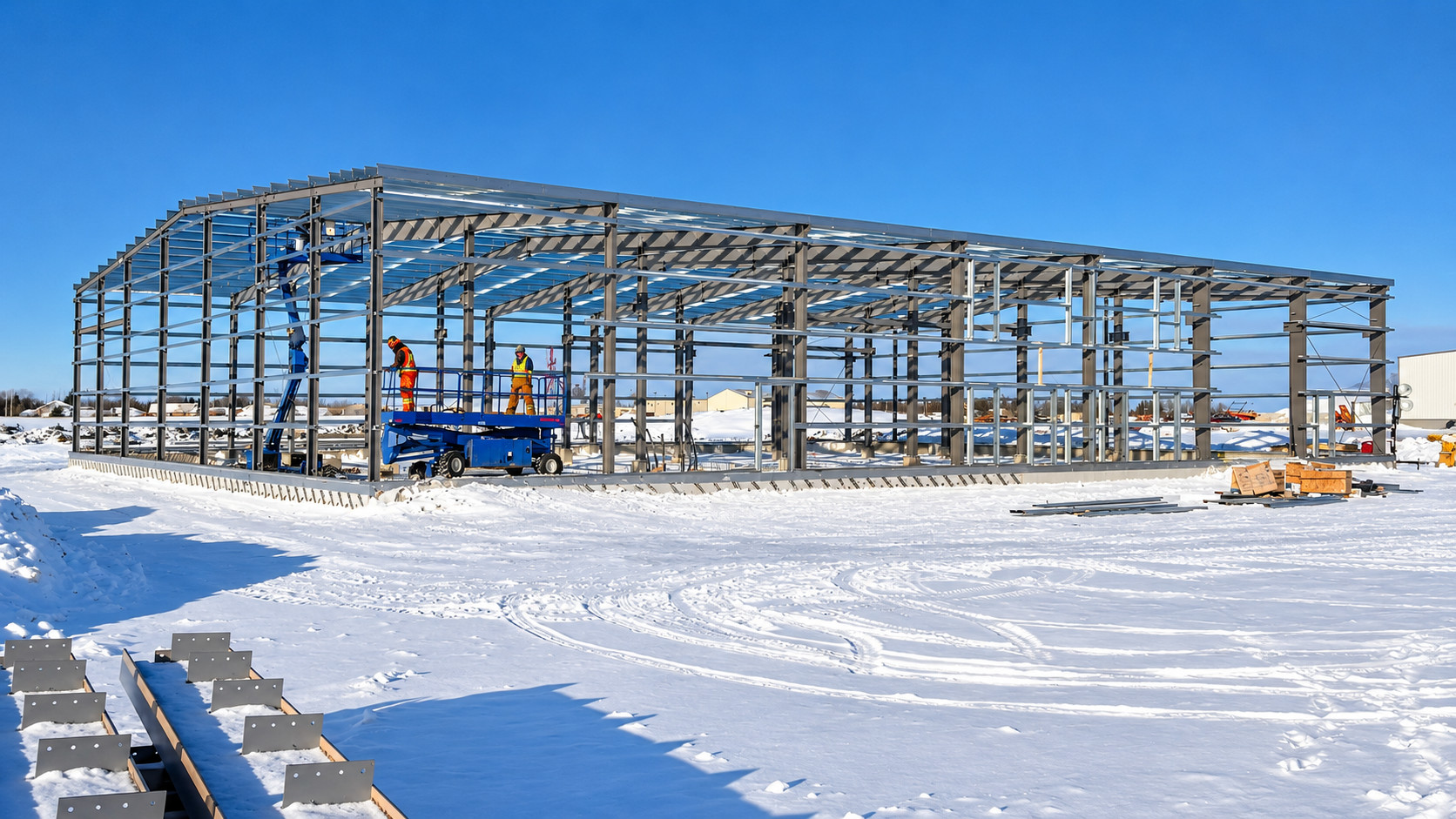 TW Holdings structural framing during construction in Rosenort, Manitoba — RAM Building Design and Drafting and Structural Engineering